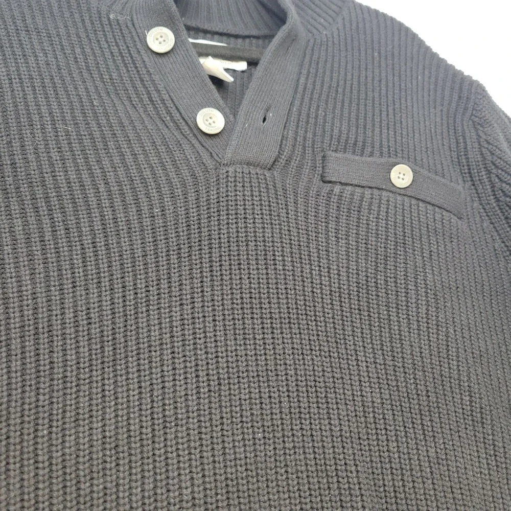 Duluth Trading Co Henley Sweater Mens L Navy Blue Ribbed Wool Blend Elbow Patch